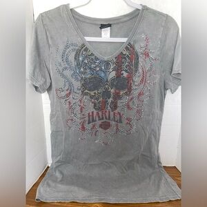 Harley Davidson Ladies Size Medium V Neck T-shirt Bling Skull Design